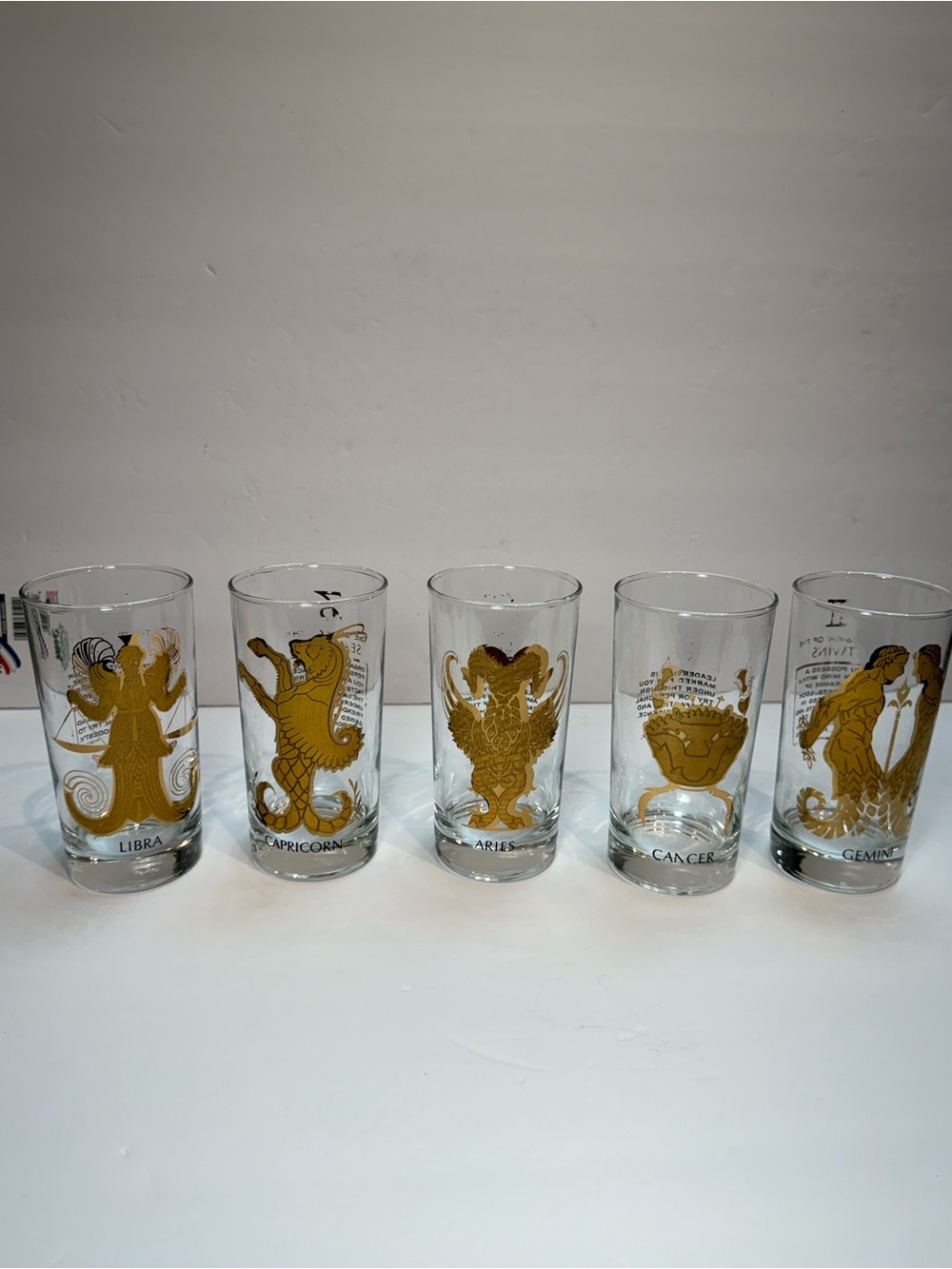 Vintage MCM Hocking 22K Gold Zodiac Highball Glass Tumblers Set of 5
